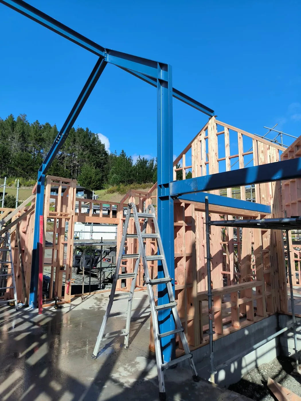 Steel beam installation on residential build